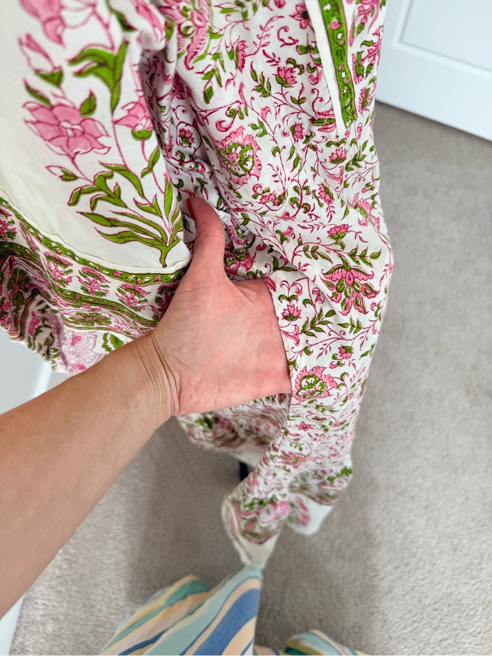 Like New XL Sue Sartor Floral Belted Flounce Midi Dress in Pink & Green - Picture 6 of 13